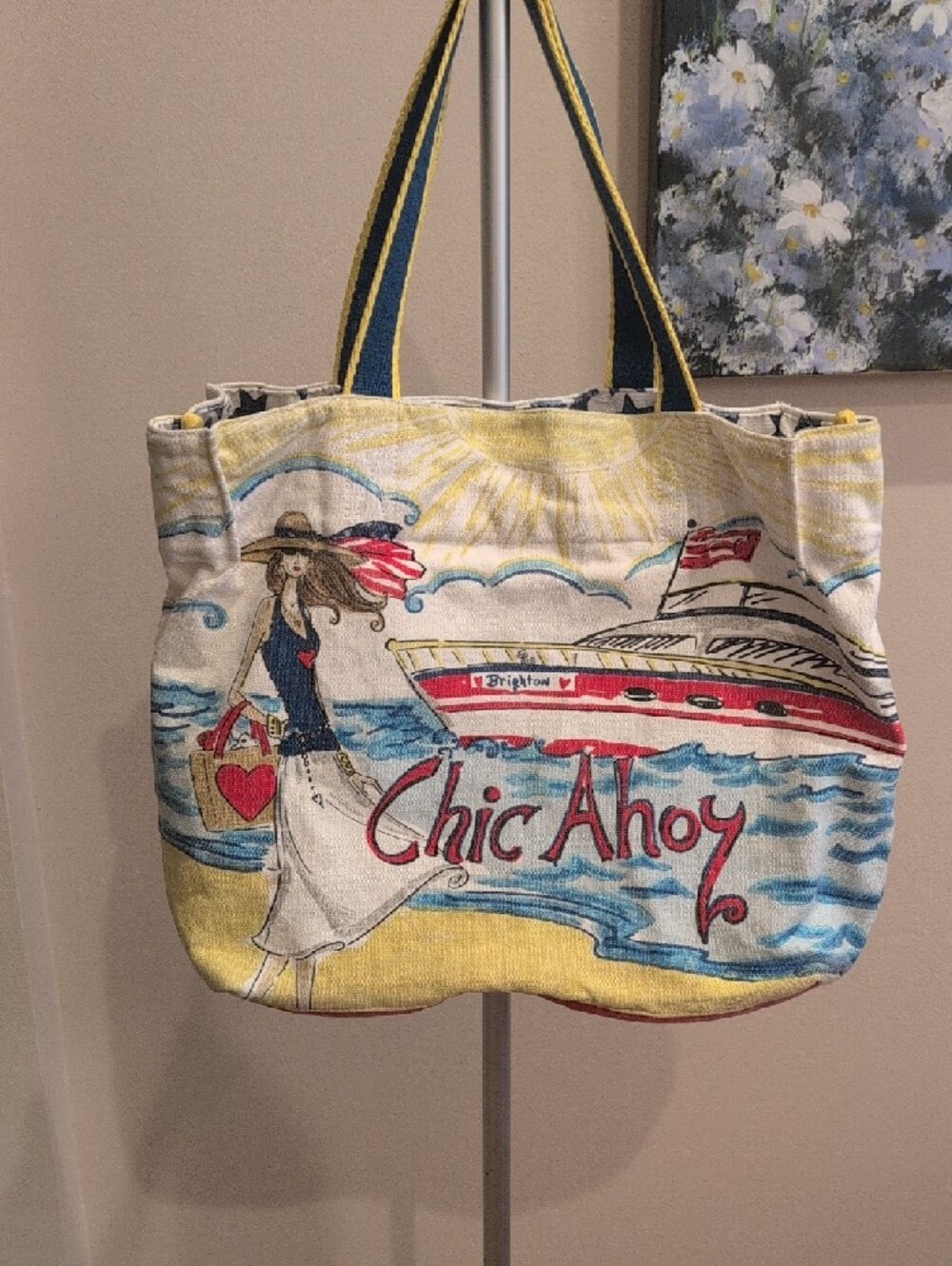Brighton Canvas Tote with Illustrated Woman in Cream, Blue & Brown - Picture 2 of 3